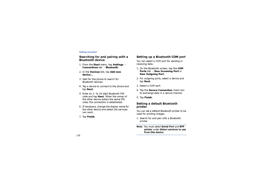 Samsung SGH-I710ZSABOG Searching for and pairing with a Bluetooth device, Setting up a Bluetooth COM port, Tap Finish 