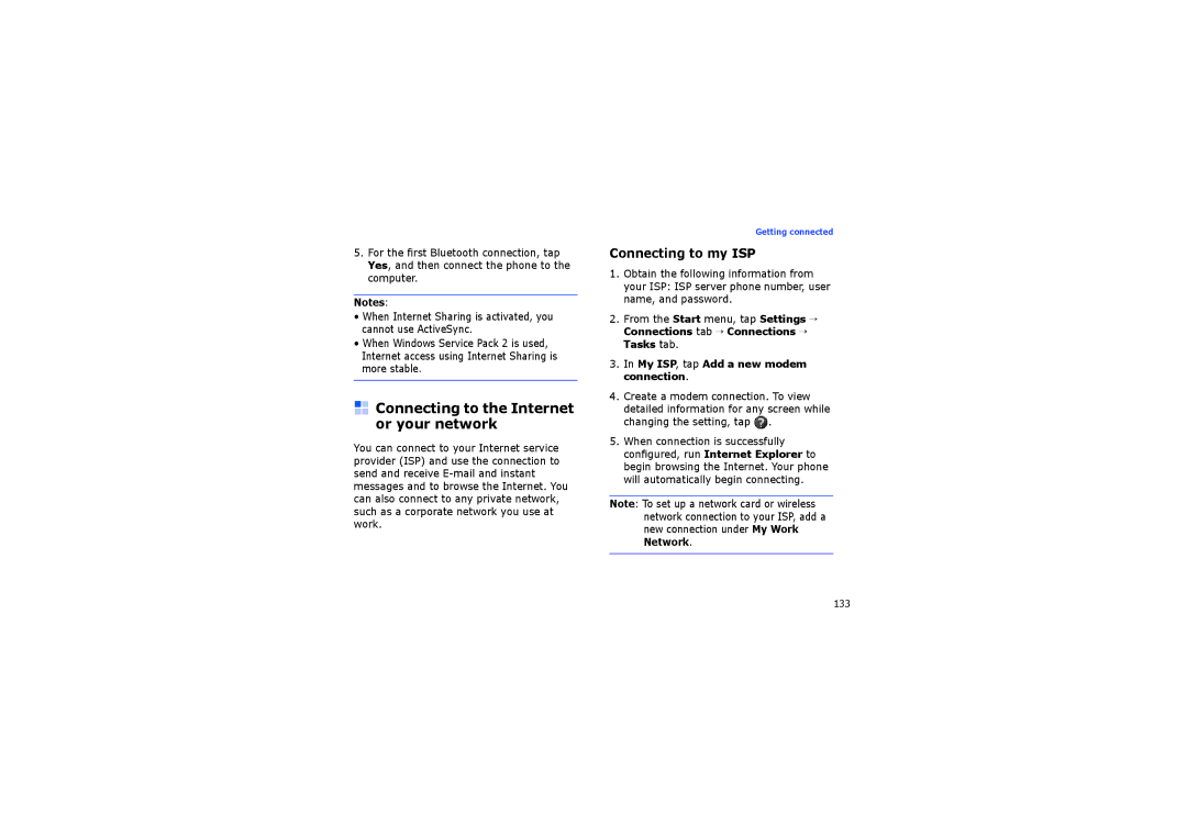 Samsung SGH-I710ZSAITV, SGH-I710ZSABOG, SGH-I710ZSAXEF Connecting to the Internet or your network, Connecting to my ISP 
