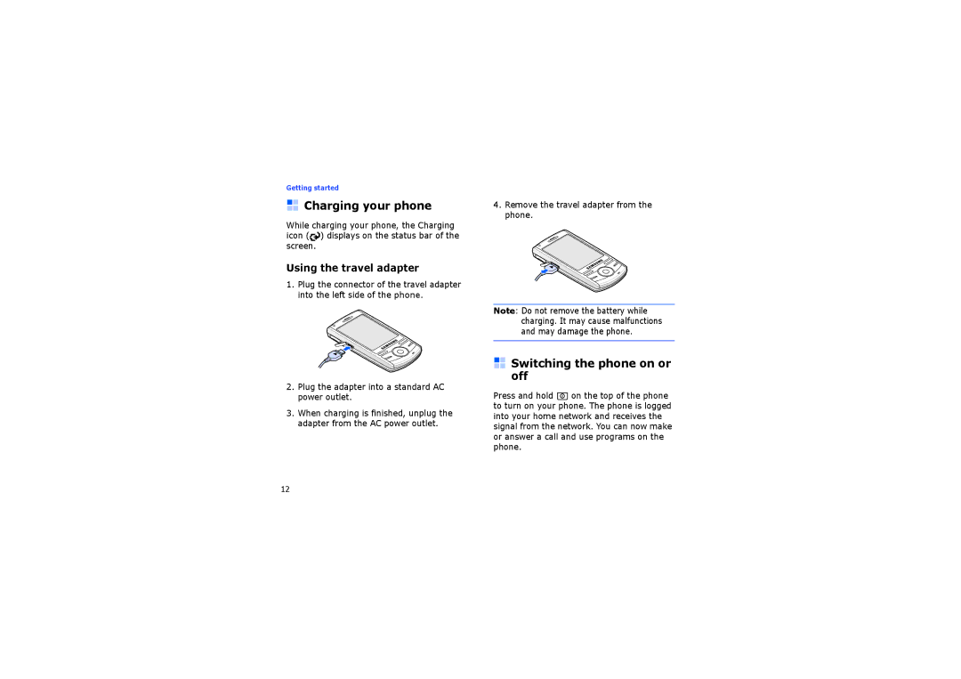 Samsung SGH-I710ZSATIM, SGH-I710ZSABOG manual Charging your phone, Switching the phone on or off, Using the travel adapter 