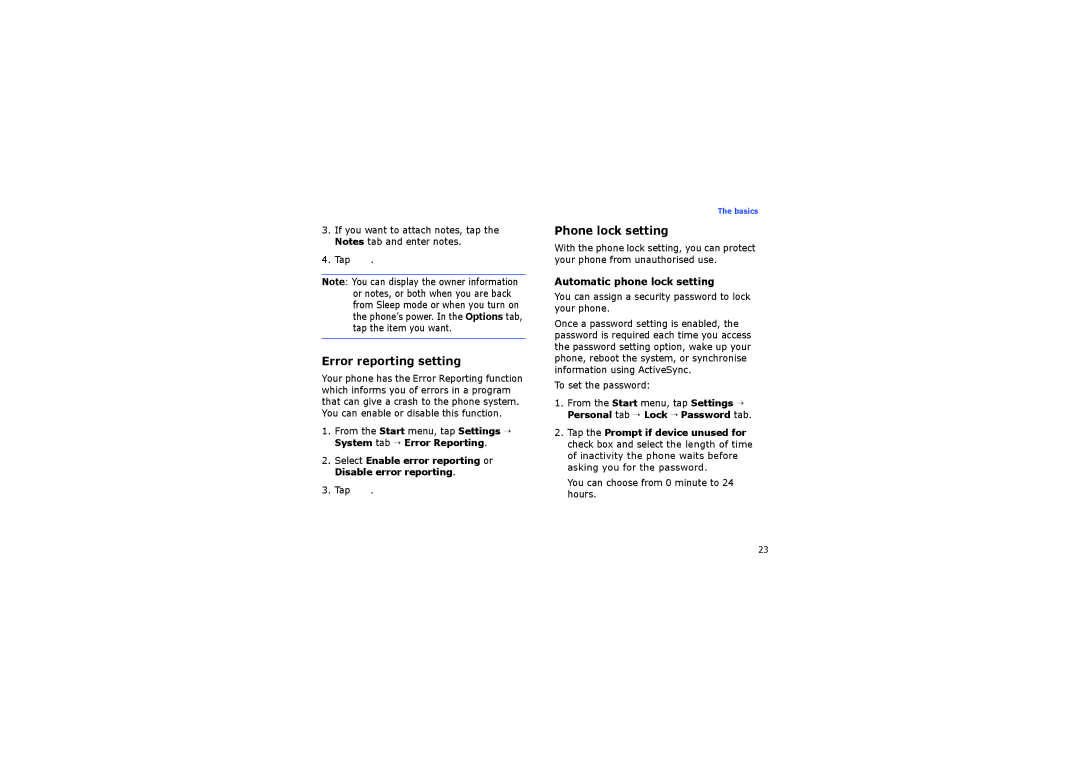 Samsung SGH-I710ZSAXEF, SGH-I710ZSABOG manual Error reporting setting, Phone lock setting, Automatic phone lock setting 