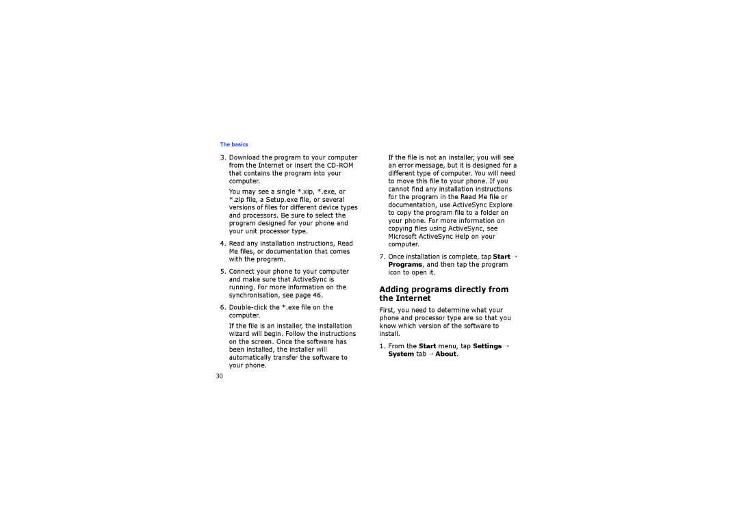 Samsung SGH-I710ZSABOG manual Adding programs directly from the Internet, Double-click the *.exe file on the computer 
