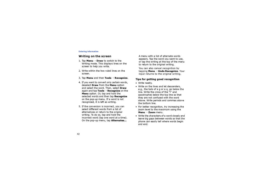 Samsung SGH-I710ZSABOG manual Writing on the screen, Tap Menu and then Tools → Recognize, Tips for getting good recognition 
