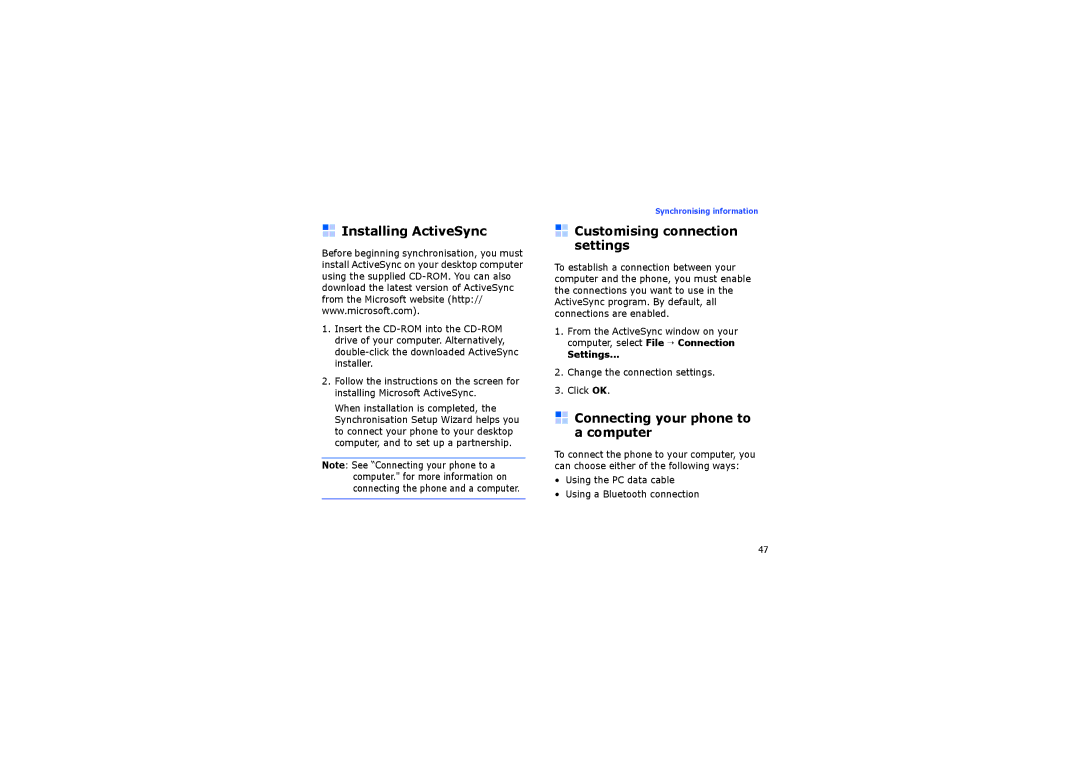 Samsung SGH-I710ZSAXEF manual Installing ActiveSync, Customising connection settings, Connecting your phone to a computer 