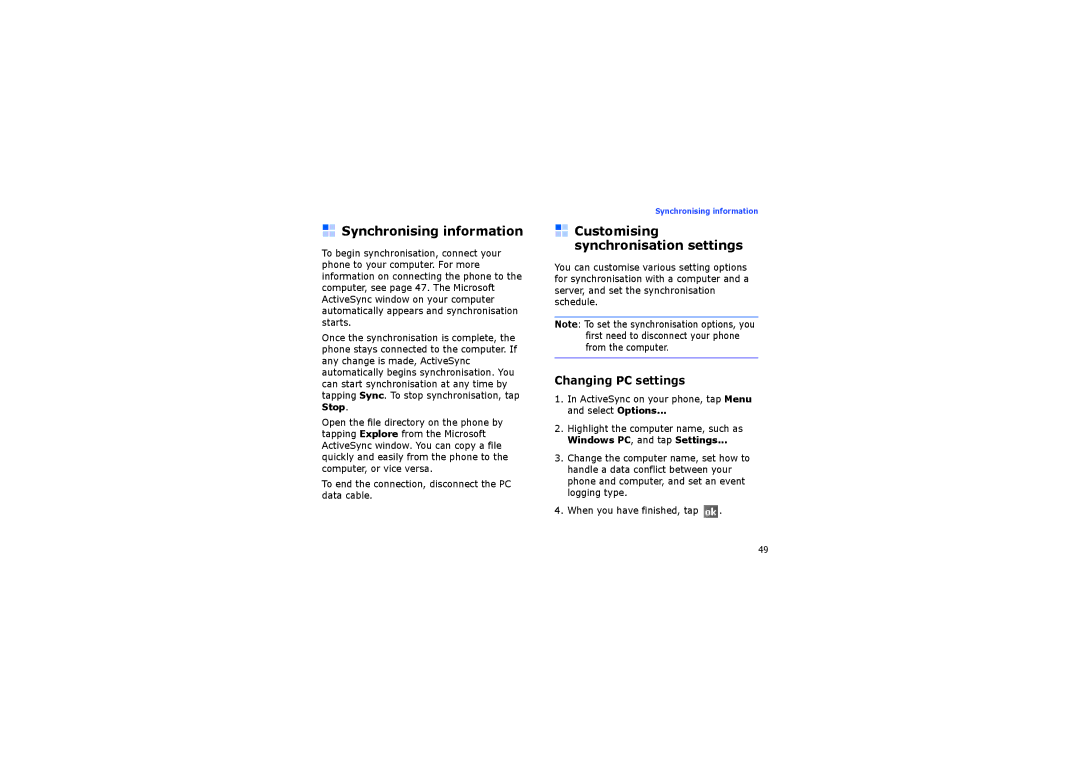 Samsung SGH-I710ZSAITV manual Synchronising information, Customising synchronisation settings, Changing PC settings 