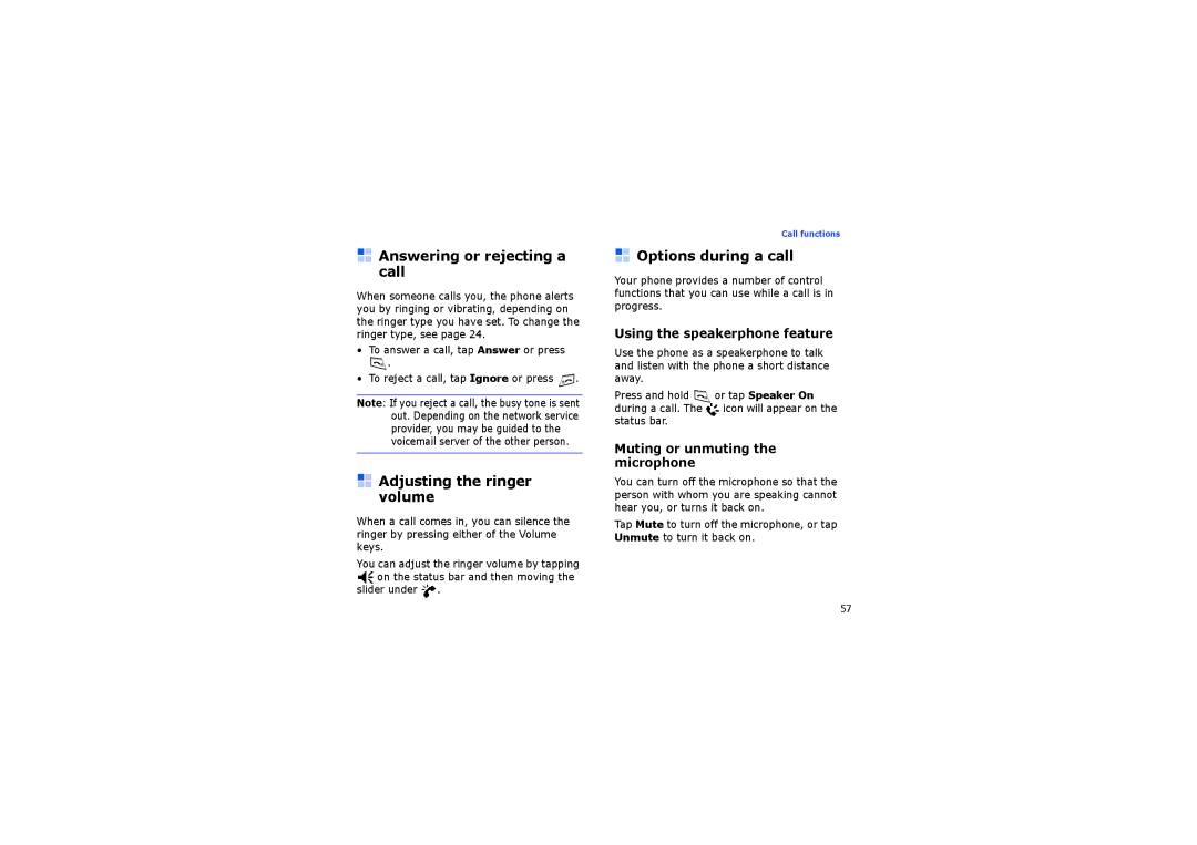 Samsung SGH-I710ZSAITV, SGH-I710ZSABOG Answering or rejecting a call, Adjusting the ringer volume, Options during a call 