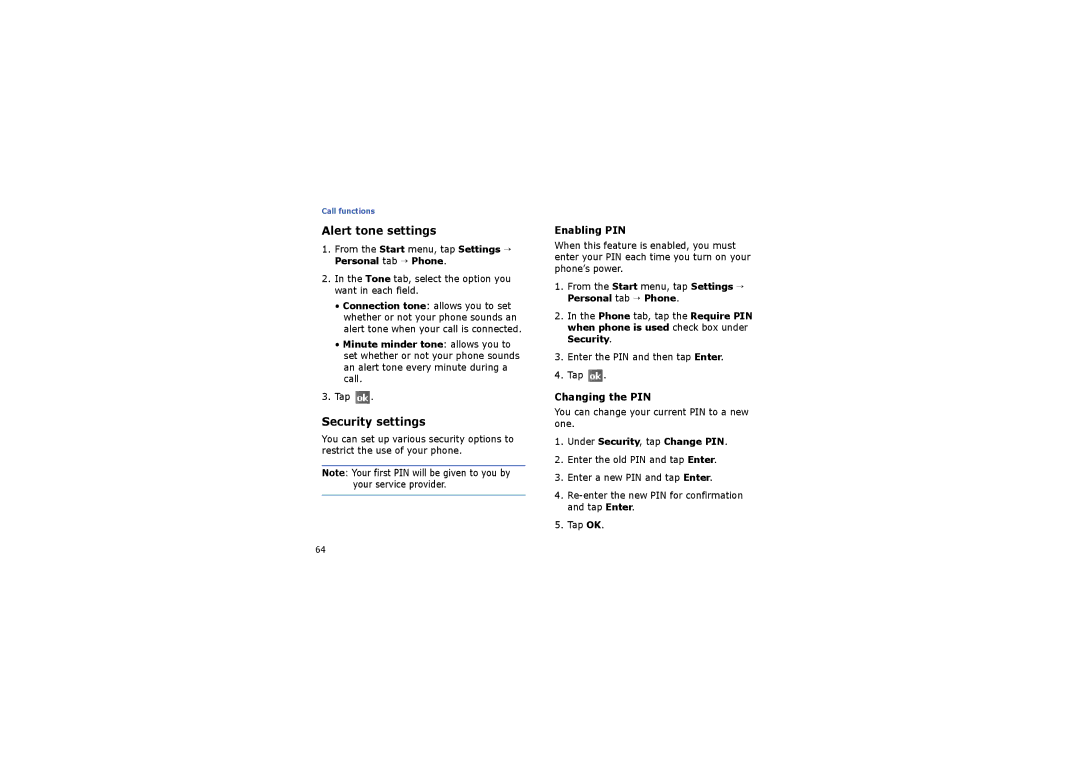 Samsung SGH-I710ZSATIM, SGH-I710ZSABOG manual Alert tone settings, Security settings, Enabling PIN, Changing the PIN 