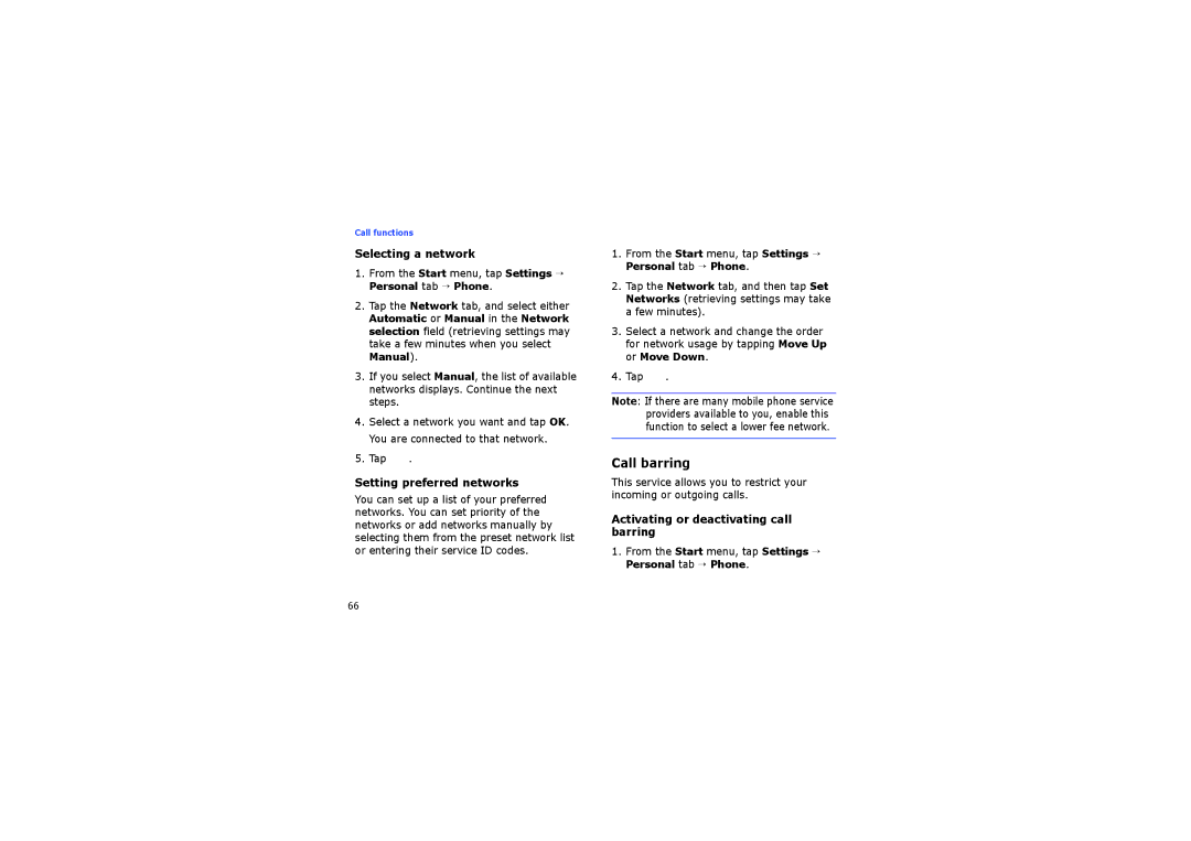 Samsung SGH-I710ZSABOG, SGH-I710ZSAXEF, SGH-I710ZSATIM manual Call barring, Selecting a network, Setting preferred networks 