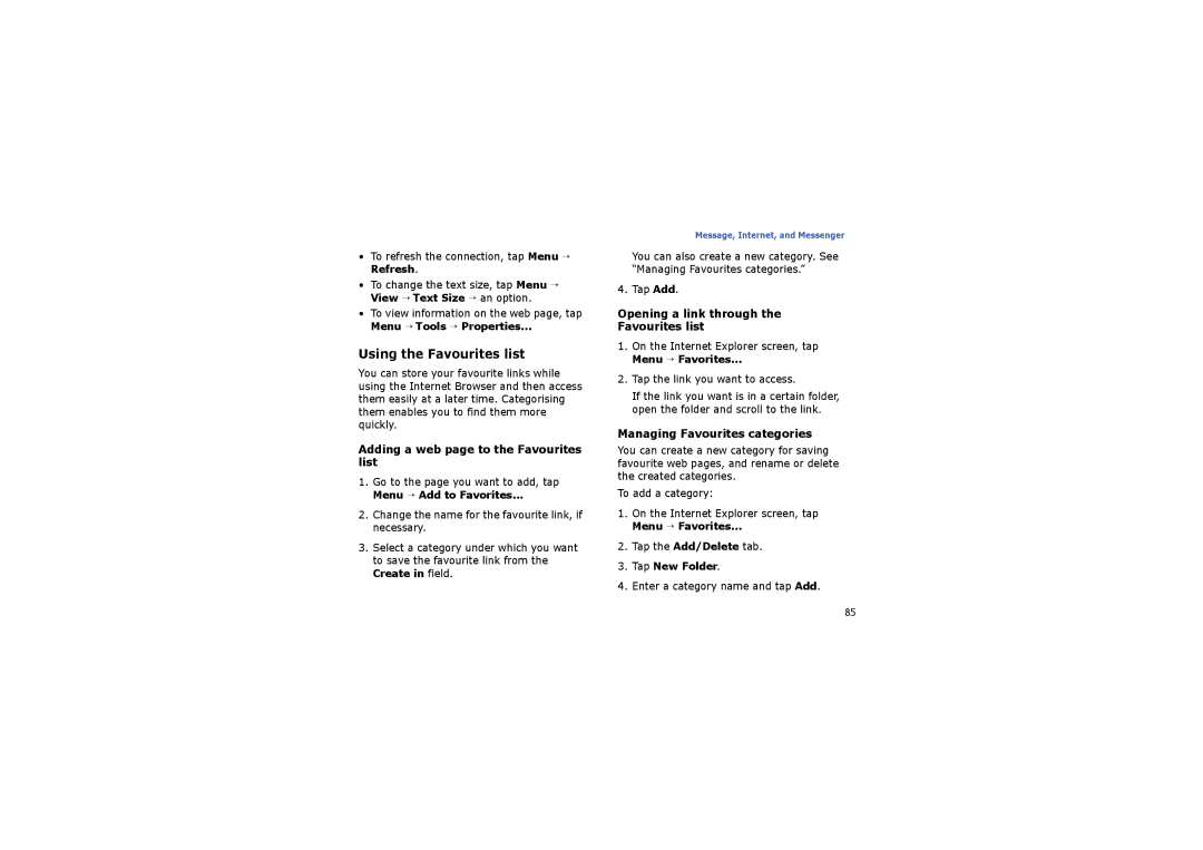 Samsung SGH-I710ZSAITV Using the Favourites list, Adding a web page to the Favourites list, Managing Favourites categories 