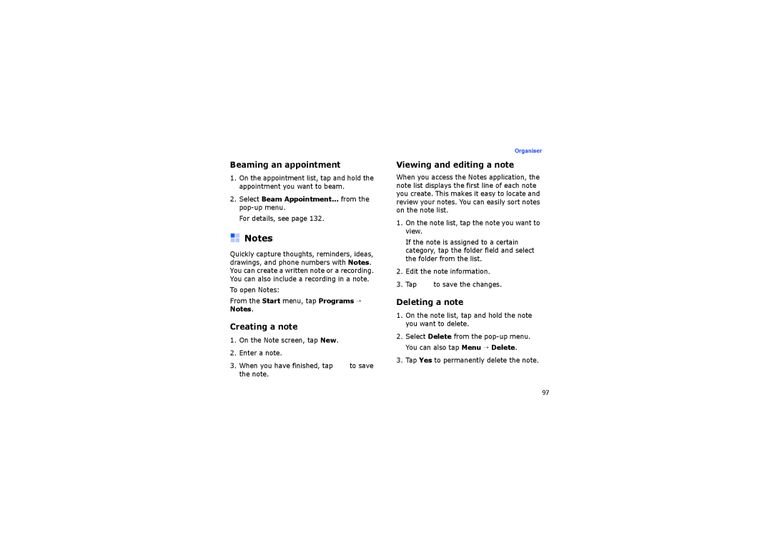 Samsung SGH-I710ZSAITV manual Beaming an appointment, Creating a note, Viewing and editing a note, Deleting a note 