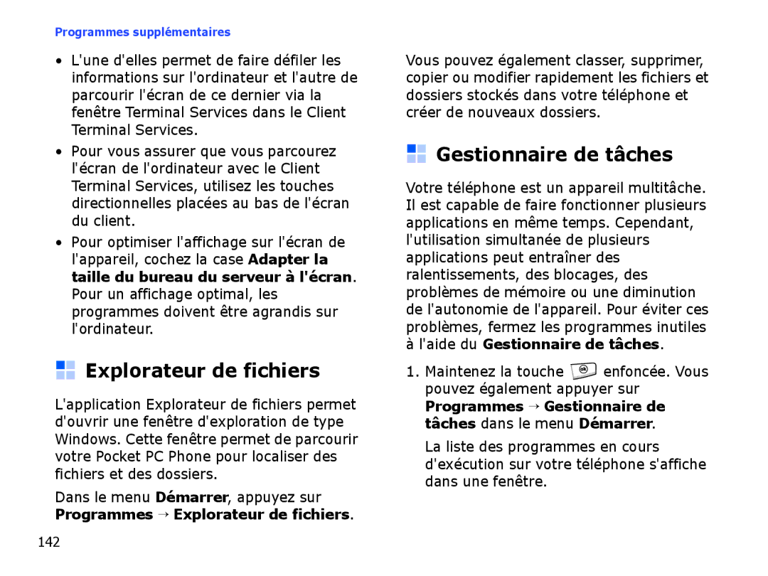 Samsung SGH-I710ZSABOG, SGH-I710ZSAXEF manual Explorateur de fichiers, Laide du Gestionnaire de tâches, 142 
