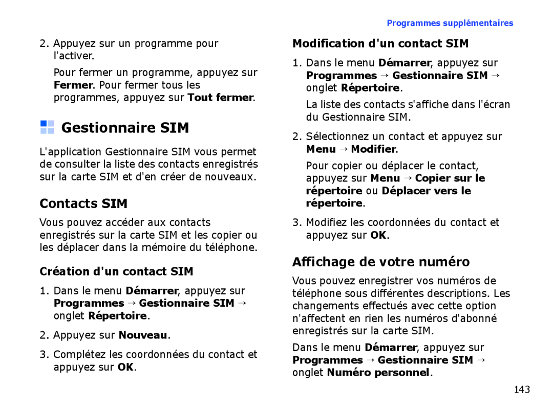 Samsung SGH-I710ZSAXEF, SGH-I710ZSABOG Gestionnaire SIM, Contacts SIM, Affichage de votre numéro, Création dun contact SIM 