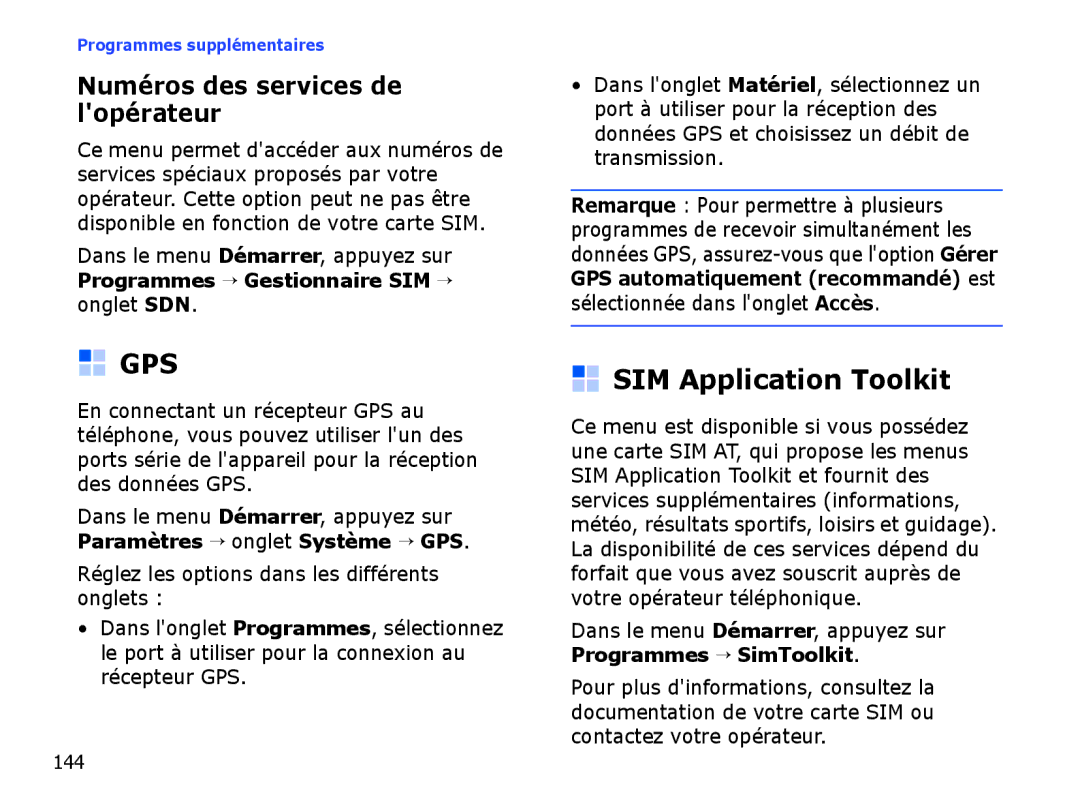 Samsung SGH-I710ZSABOG, SGH-I710ZSAXEF manual Gps, SIM Application Toolkit, Numéros des services de lopérateur 