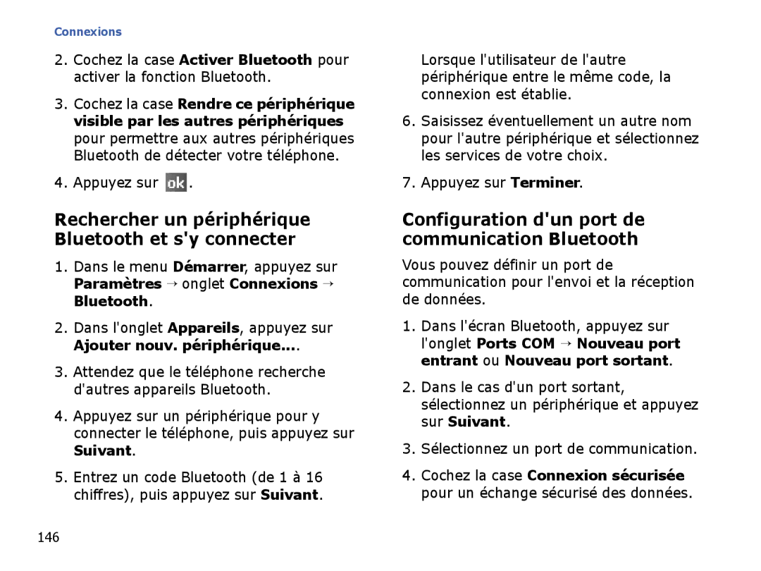 Samsung SGH-I710ZSABOG, SGH-I710ZSAXEF Rechercher un périphérique Bluetooth et sy connecter, Appuyez sur Terminer, 146 