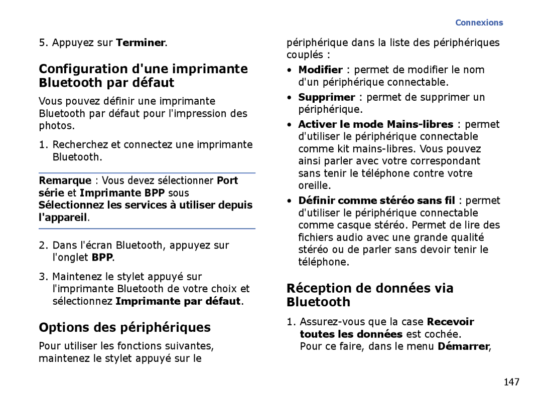 Samsung SGH-I710ZSAXEF, SGH-I710ZSABOG manual Options des périphériques, Réception de données via Bluetooth 