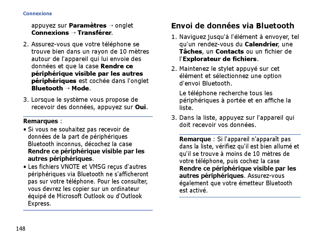 Samsung SGH-I710ZSABOG Envoi de données via Bluetooth, Rendre ce périphérique visible par les autres périphériques, 148 