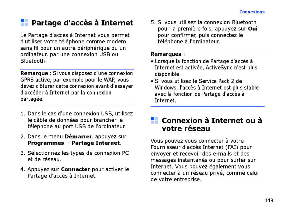 Samsung SGH-I710ZSAXEF, SGH-I710ZSABOG manual Partage daccès à Internet, Connexion à Internet ou à votre réseau 