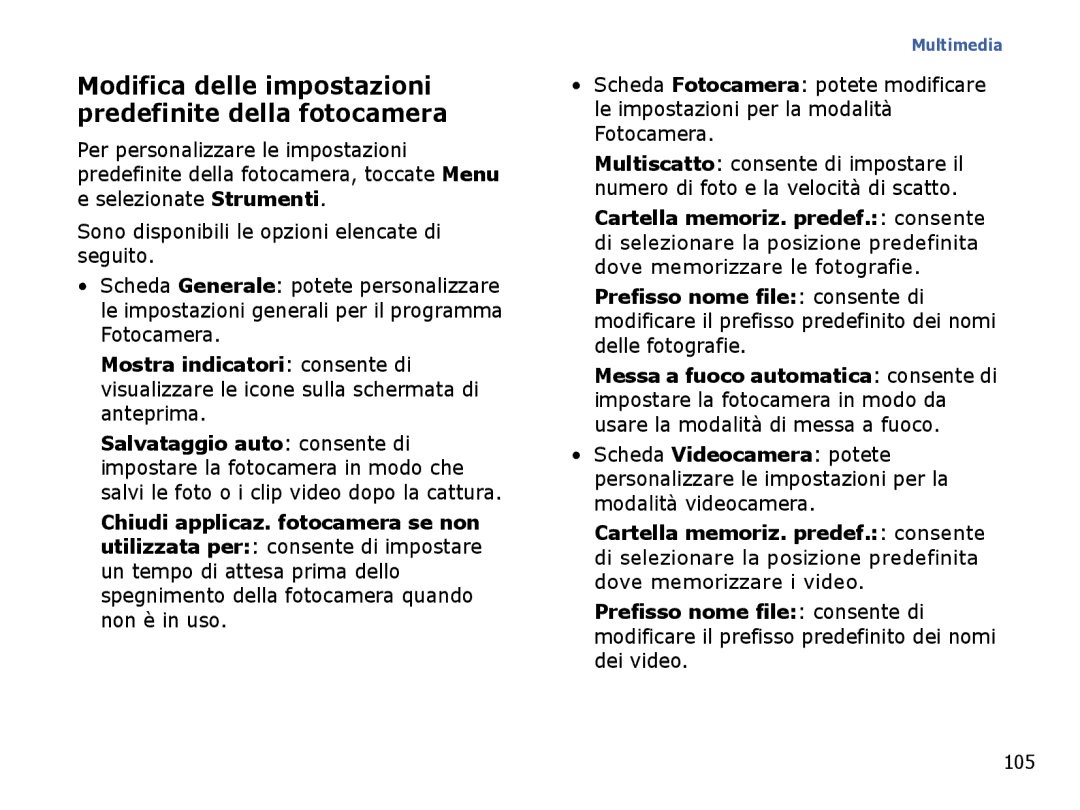 Samsung SGH-I710ZSAITV, SGH-I710ZSATIM manual Modifica delle impostazioni predefinite della fotocamera, 105 