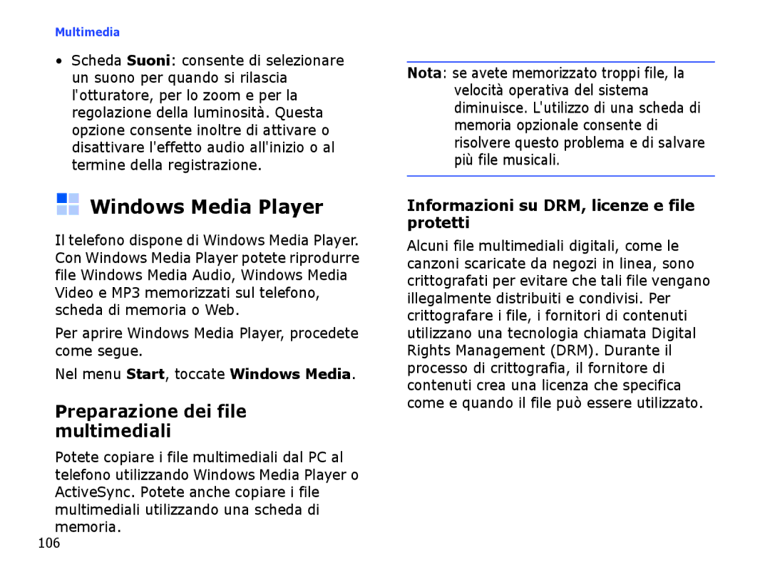 Samsung SGH-I710ZSATIM, SGH-I710ZSAITV manual Windows Media Player, Preparazione dei file multimediali, 106 