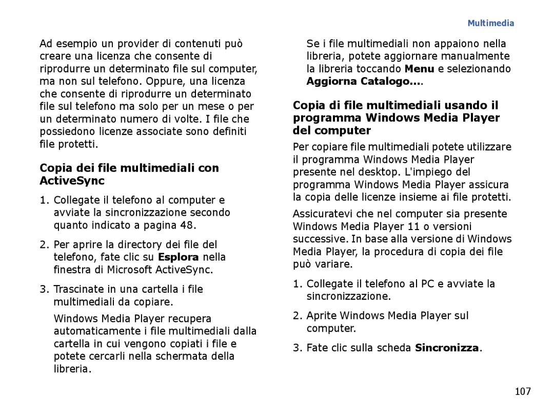 Samsung SGH-I710ZSAITV, SGH-I710ZSATIM manual Copia dei file multimediali con ActiveSync, 107 