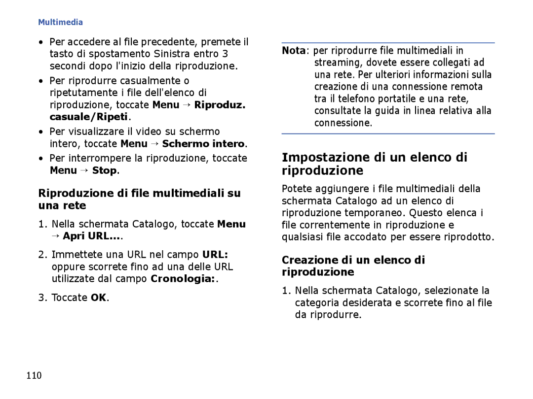 Samsung SGH-I710ZSATIM manual Impostazione di un elenco di riproduzione, Riproduzione di file multimediali su una rete 