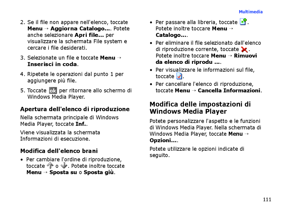 Samsung SGH-I710ZSAITV manual Modifica delle impostazioni di Windows Media Player, Apertura dellelenco di riproduzione, 111 