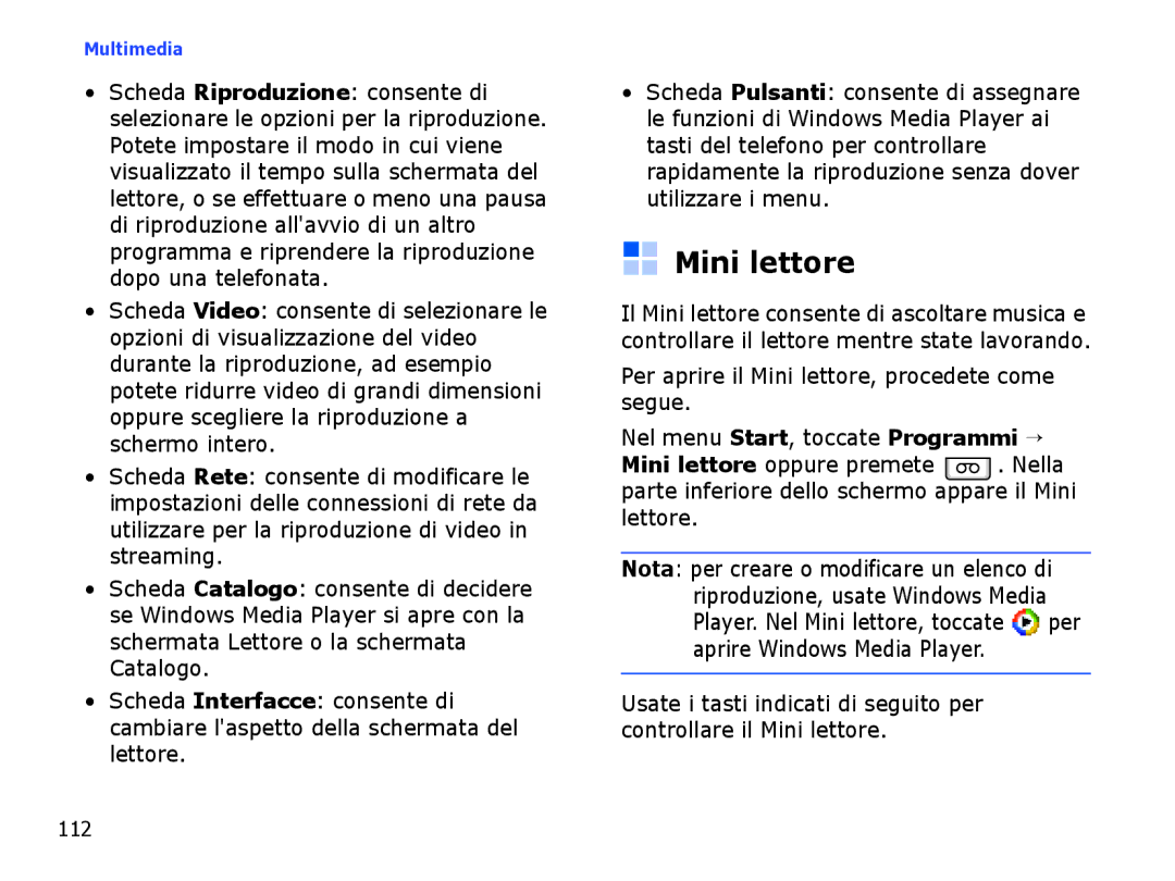 Samsung SGH-I710ZSATIM, SGH-I710ZSAITV manual Mini lettore 