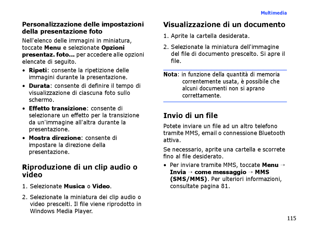 Samsung SGH-I710ZSAITV manual Riproduzione di un clip audio o video, Visualizzazione di un documento, Invio di un file, 115 