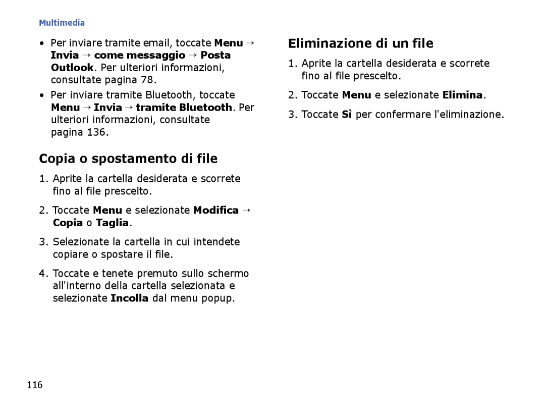 Samsung SGH-I710ZSATIM, SGH-I710ZSAITV manual Copia o spostamento di file, Eliminazione di un file, 116 