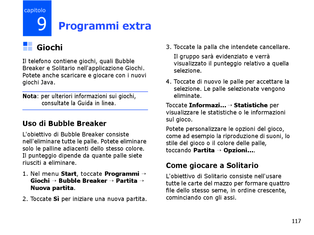 Samsung SGH-I710ZSAITV, SGH-I710ZSATIM manual Giochi, Uso di Bubble Breaker, Come giocare a Solitario 