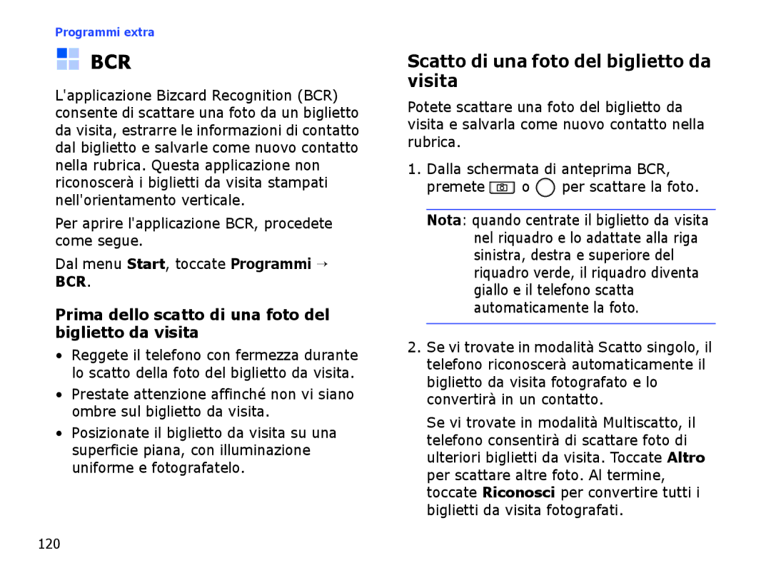 Samsung SGH-I710ZSATIM, SGH-I710ZSAITV manual Bcr, Scatto di una foto del biglietto da visita 