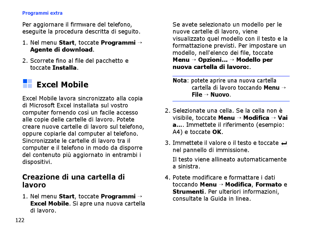 Samsung SGH-I710ZSATIM, SGH-I710ZSAITV manual Excel Mobile, Creazione di una cartella di lavoro 