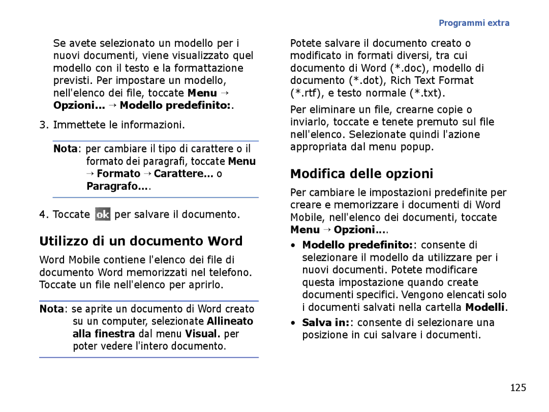 Samsung SGH-I710ZSAITV, SGH-I710ZSATIM Utilizzo di un documento Word, Modifica delle opzioni, Immettete le informazioni 