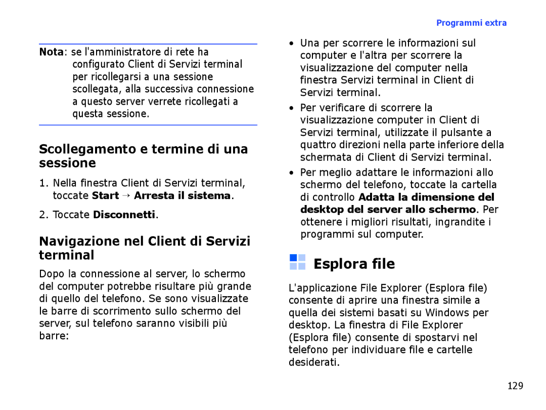 Samsung SGH-I710ZSAITV Esplora file, Scollegamento e termine di una sessione, Navigazione nel Client di Servizi terminal 