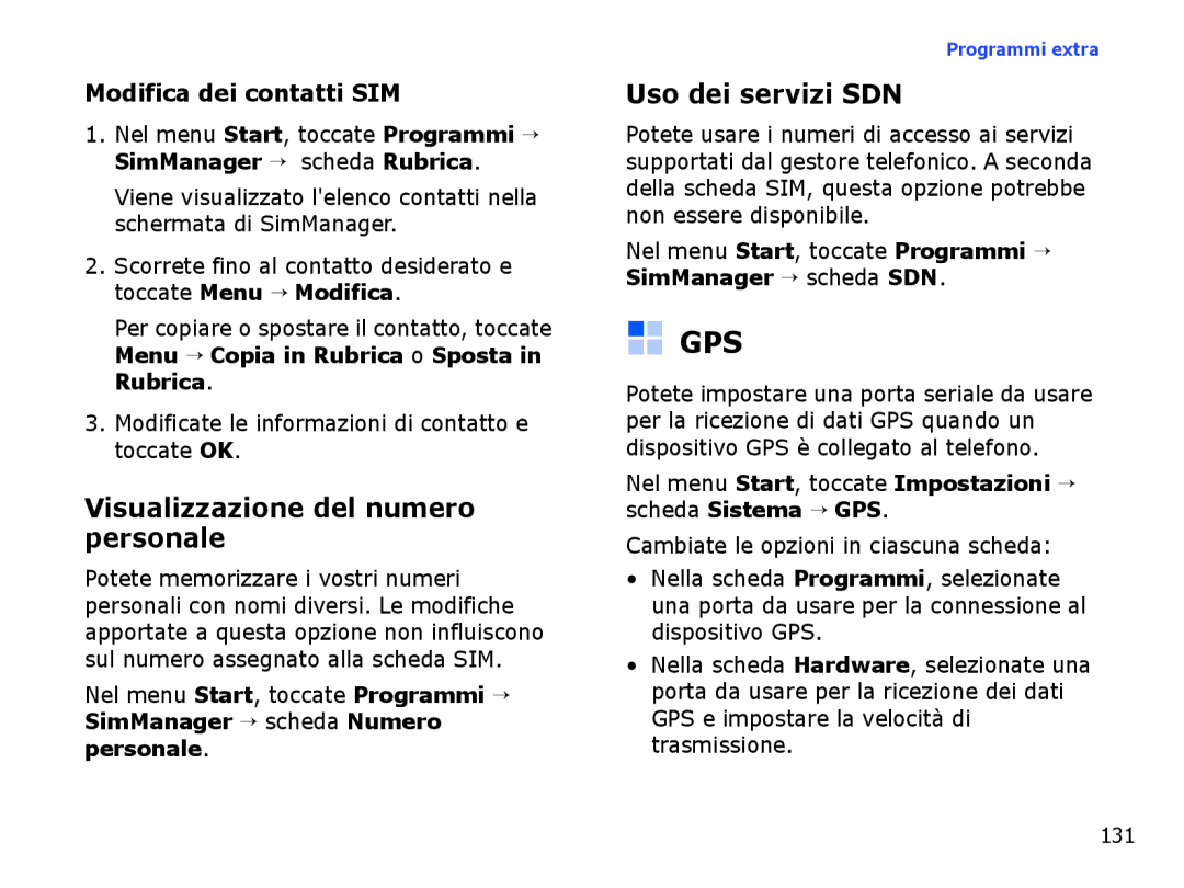 Samsung SGH-I710ZSAITV manual Gps, Visualizzazione del numero personale, Uso dei servizi SDN, Modifica dei contatti SIM 