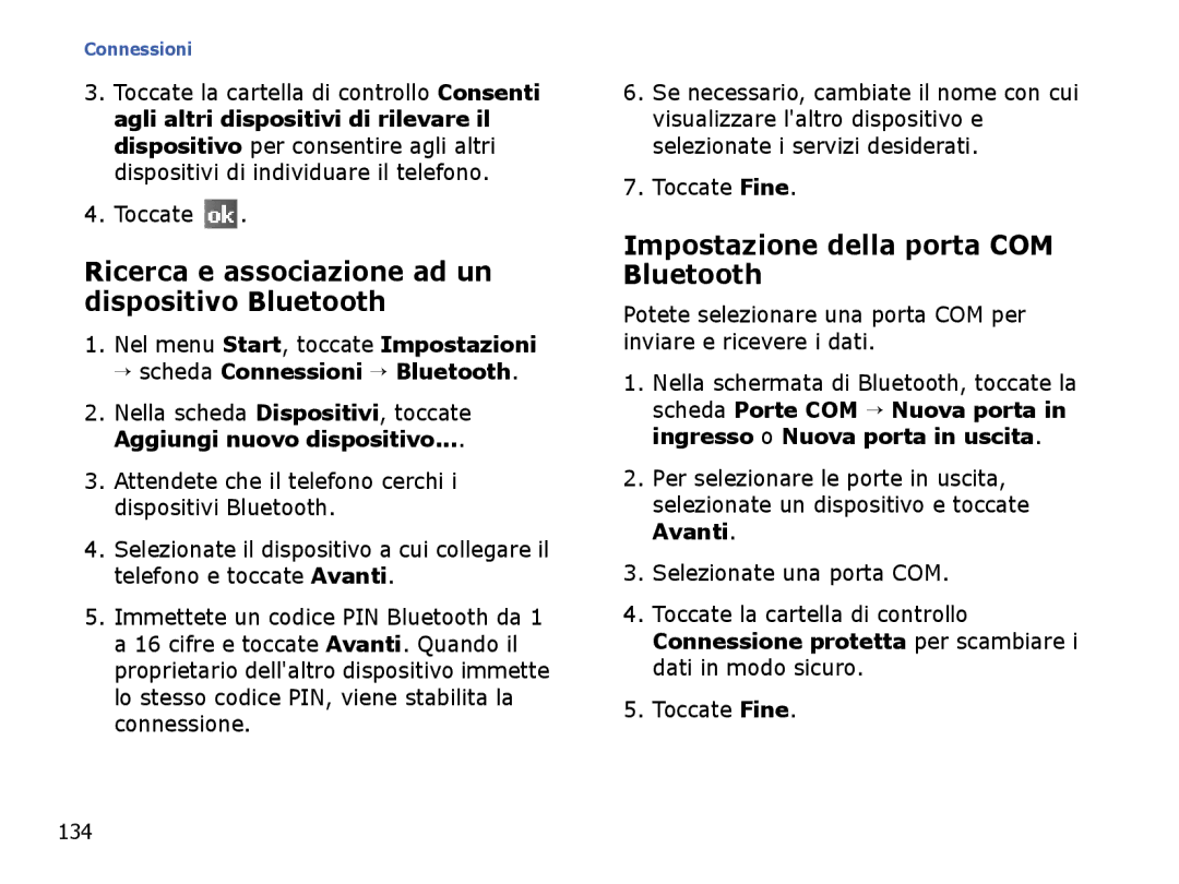 Samsung SGH-I710ZSATIM Ricerca e associazione ad un dispositivo Bluetooth, Impostazione della porta COM Bluetooth, 134 