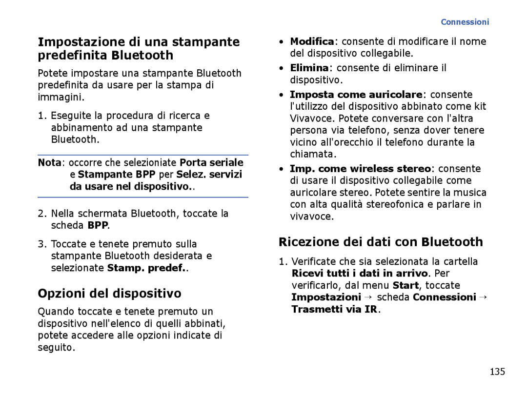 Samsung SGH-I710ZSAITV, SGH-I710ZSATIM Impostazione di una stampante predefinita Bluetooth, Opzioni del dispositivo, 135 