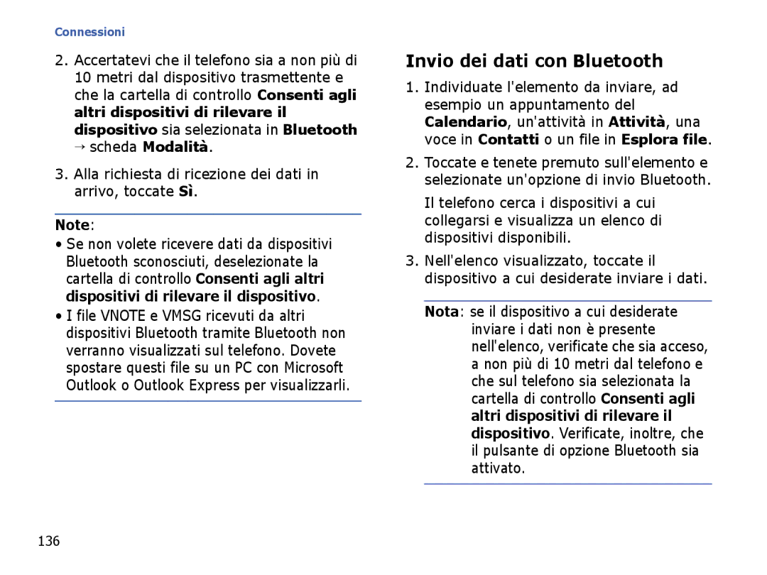 Samsung SGH-I710ZSATIM manual Invio dei dati con Bluetooth, Alla richiesta di ricezione dei dati in arrivo, toccate Sì, 136 