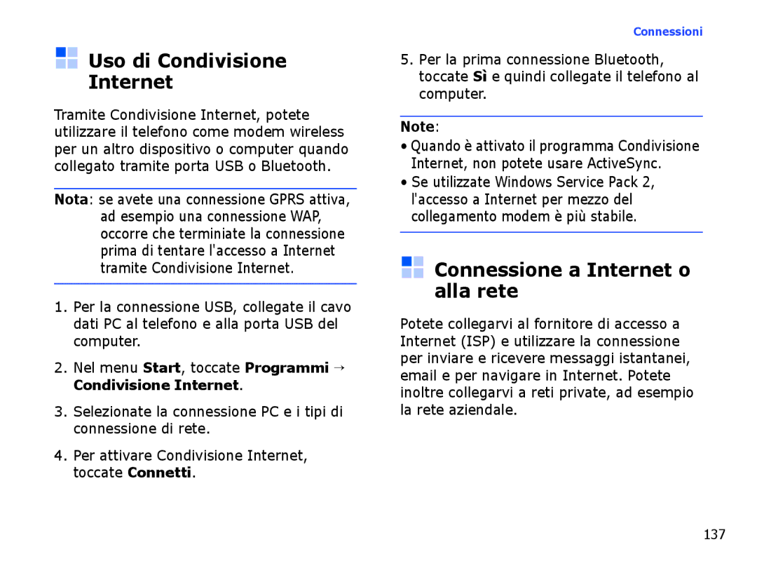 Samsung SGH-I710ZSAITV, SGH-I710ZSATIM manual Uso di Condivisione Internet, Connessione a Internet o alla rete 