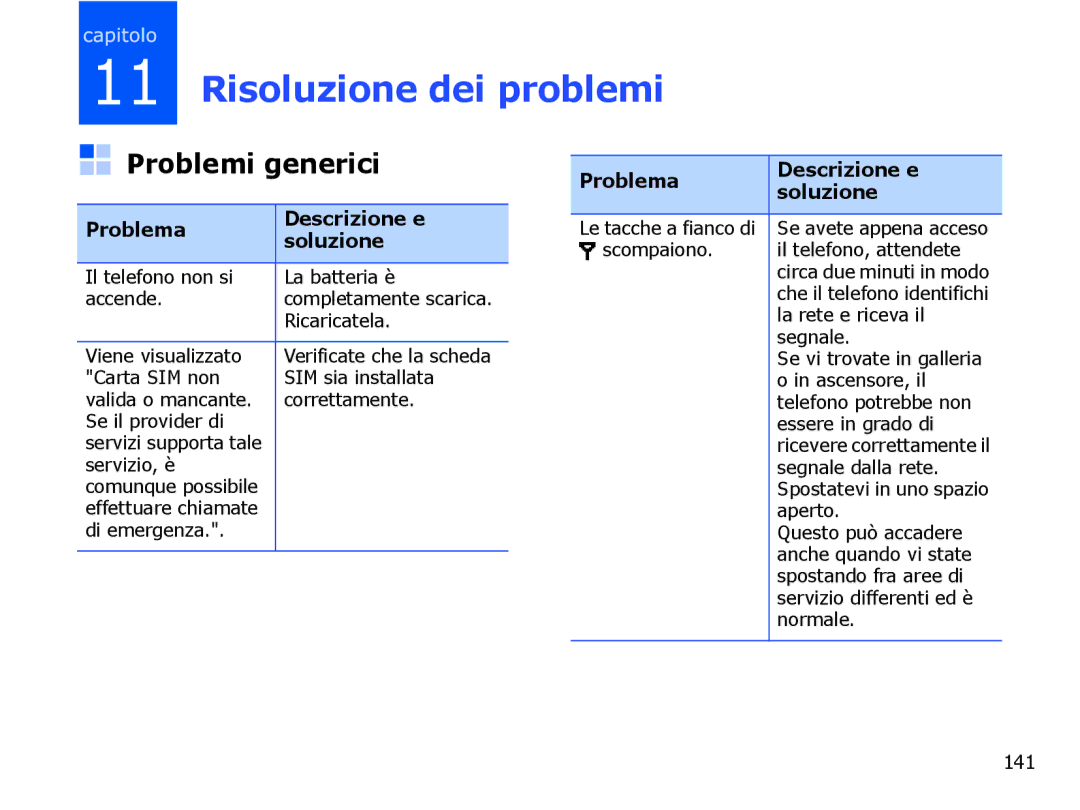 Samsung SGH-I710ZSAITV, SGH-I710ZSATIM manual Problemi generici, Problema Descrizione e Soluzione 