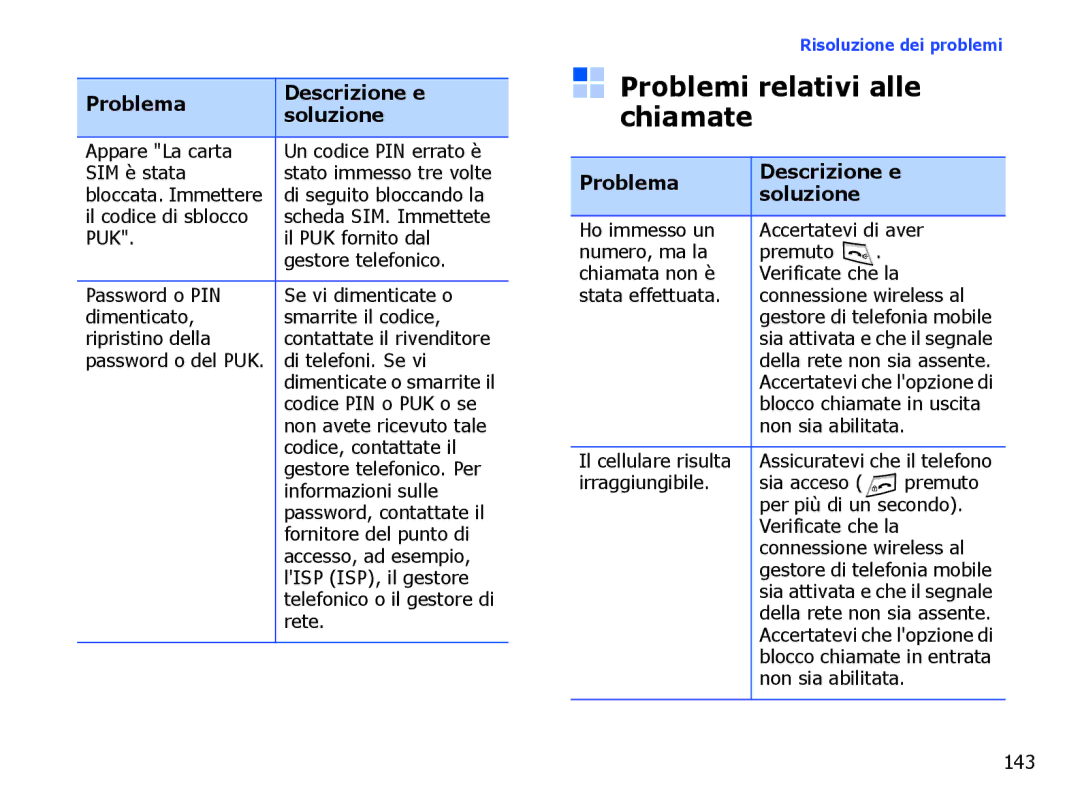 Samsung SGH-I710ZSAITV, SGH-I710ZSATIM manual Problemi relativi alle chiamate 