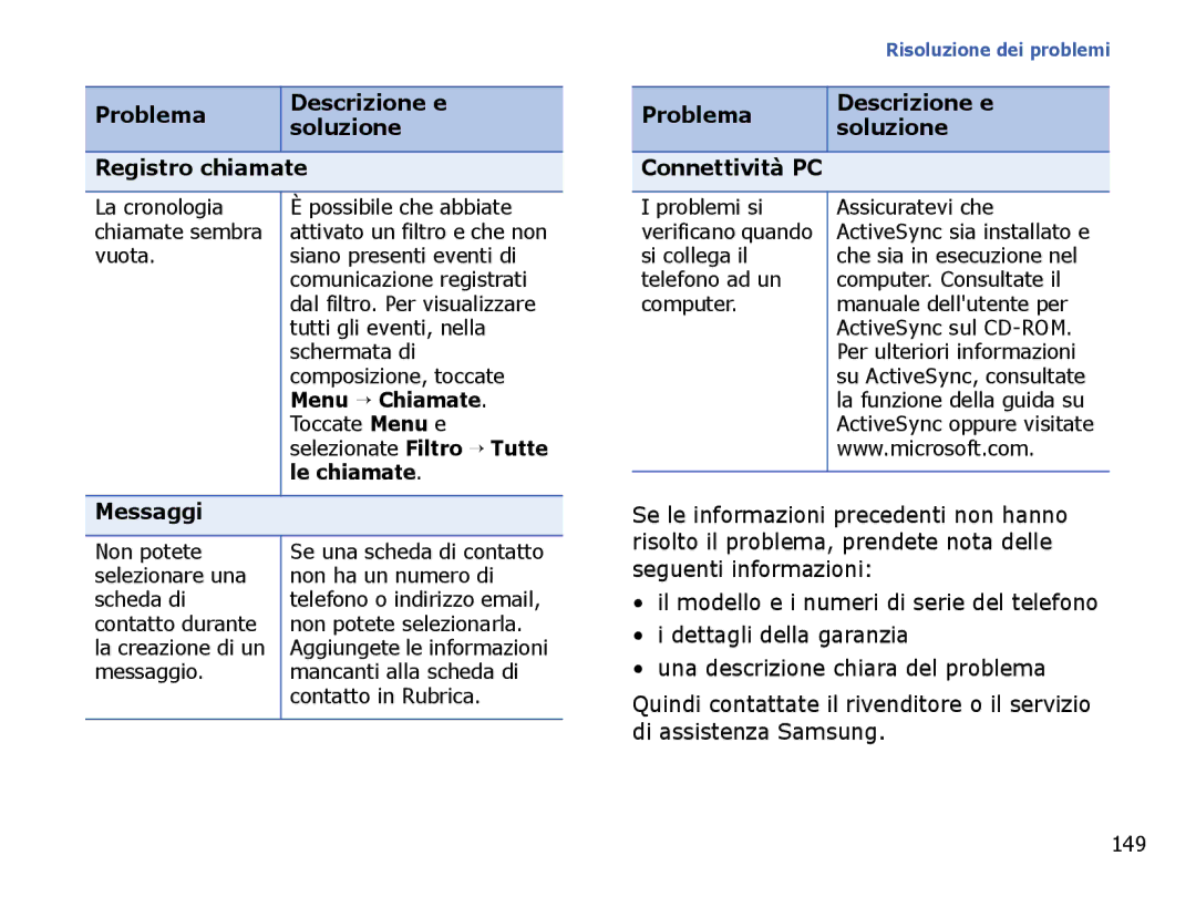 Samsung SGH-I710ZSAITV manual Problema Descrizione e Soluzione Registro chiamate, Se le informazioni precedenti non hanno 