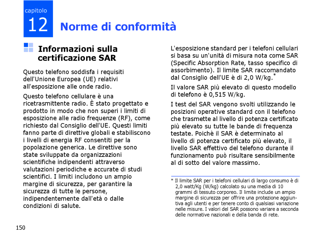 Samsung SGH-I710ZSATIM, SGH-I710ZSAITV manual Informazioni sulla certificazione SAR, 150 