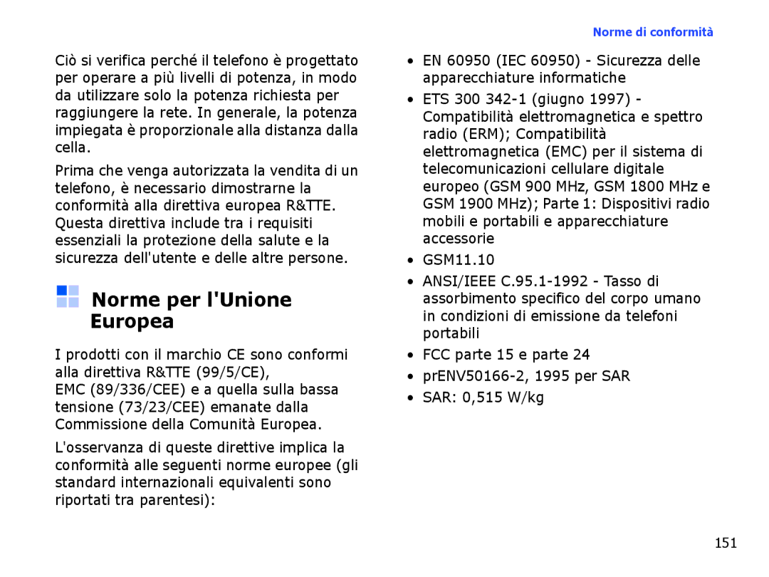 Samsung SGH-I710ZSAITV, SGH-I710ZSATIM manual Norme per lUnione Europea, 151 