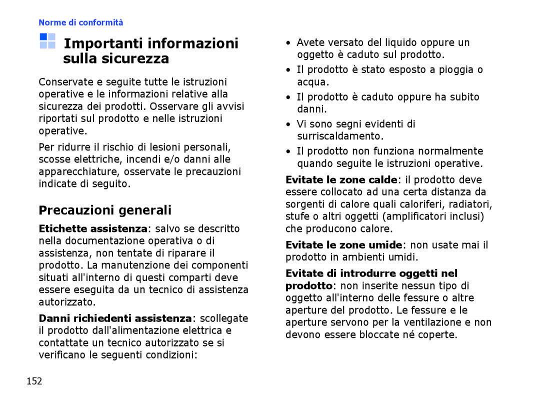 Samsung SGH-I710ZSATIM, SGH-I710ZSAITV manual Importanti informazioni sulla sicurezza, Precauzioni generali, 152 