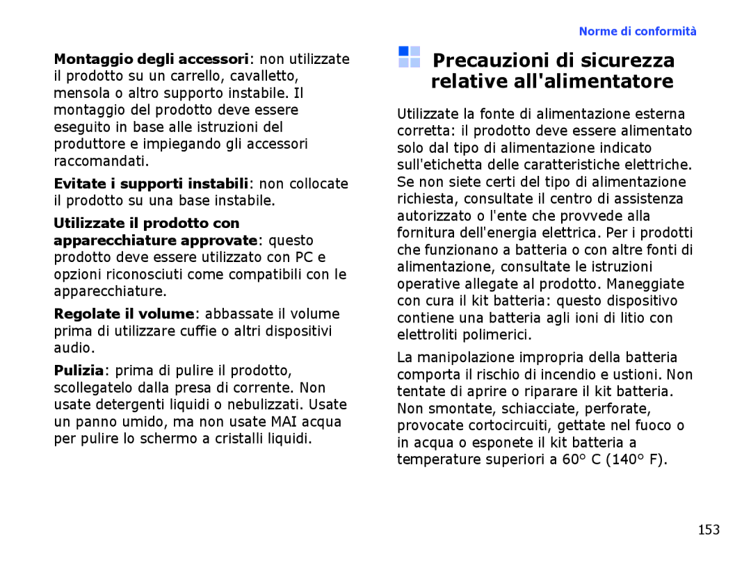 Samsung SGH-I710ZSAITV, SGH-I710ZSATIM manual Precauzioni di sicurezza relative allalimentatore, 153 