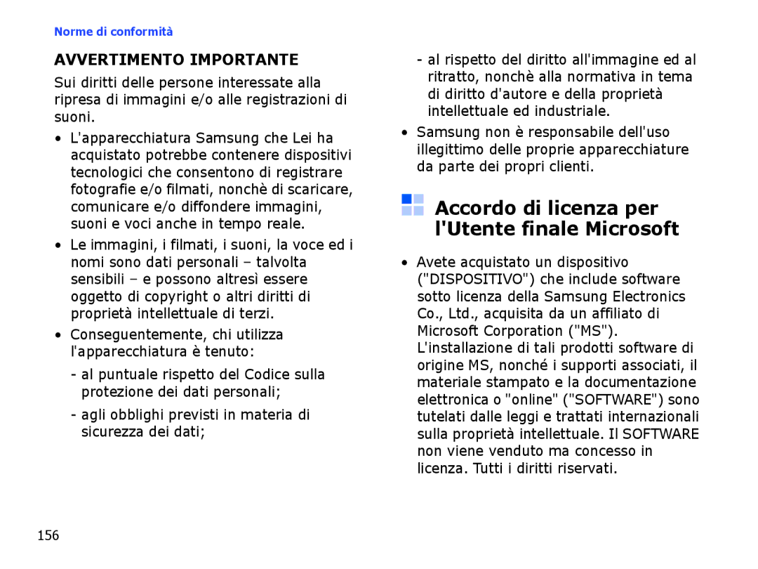 Samsung SGH-I710ZSATIM, SGH-I710ZSAITV manual Accordo di licenza per lUtente finale Microsoft, 156 