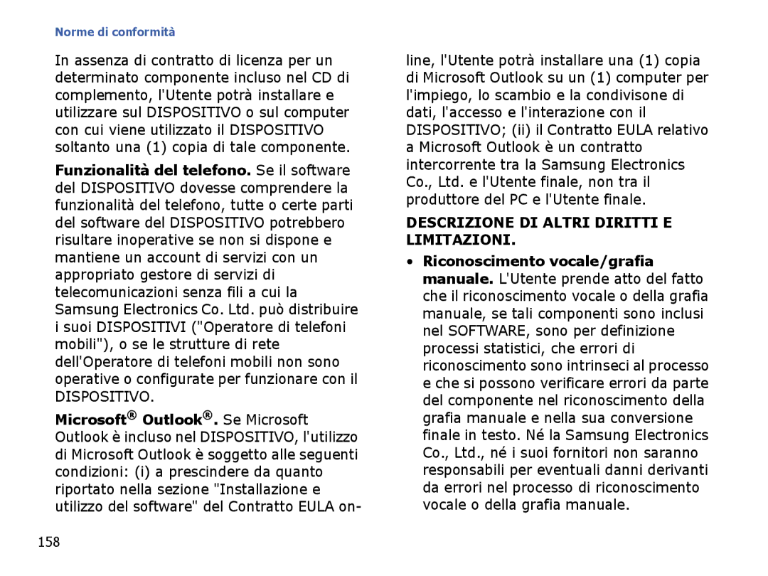 Samsung SGH-I710ZSATIM, SGH-I710ZSAITV manual Descrizione DI Altri Diritti E Limitazioni, 158 