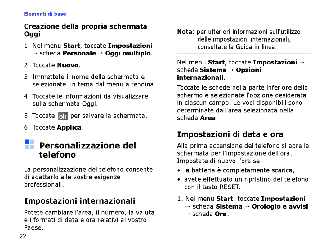 Samsung SGH-I710ZSATIM manual Personalizzazione del telefono, Impostazioni internazionali, Impostazioni di data e ora 