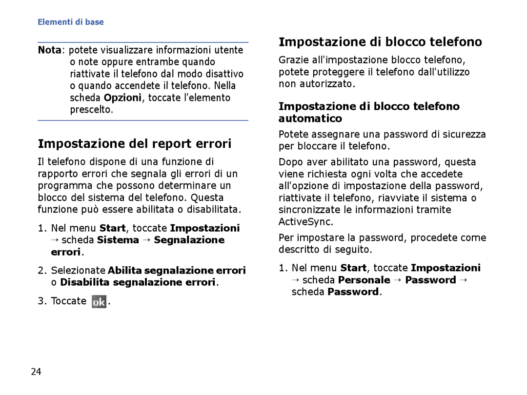 Samsung SGH-I710ZSATIM, SGH-I710ZSAITV manual Impostazione del report errori, Impostazione di blocco telefono 