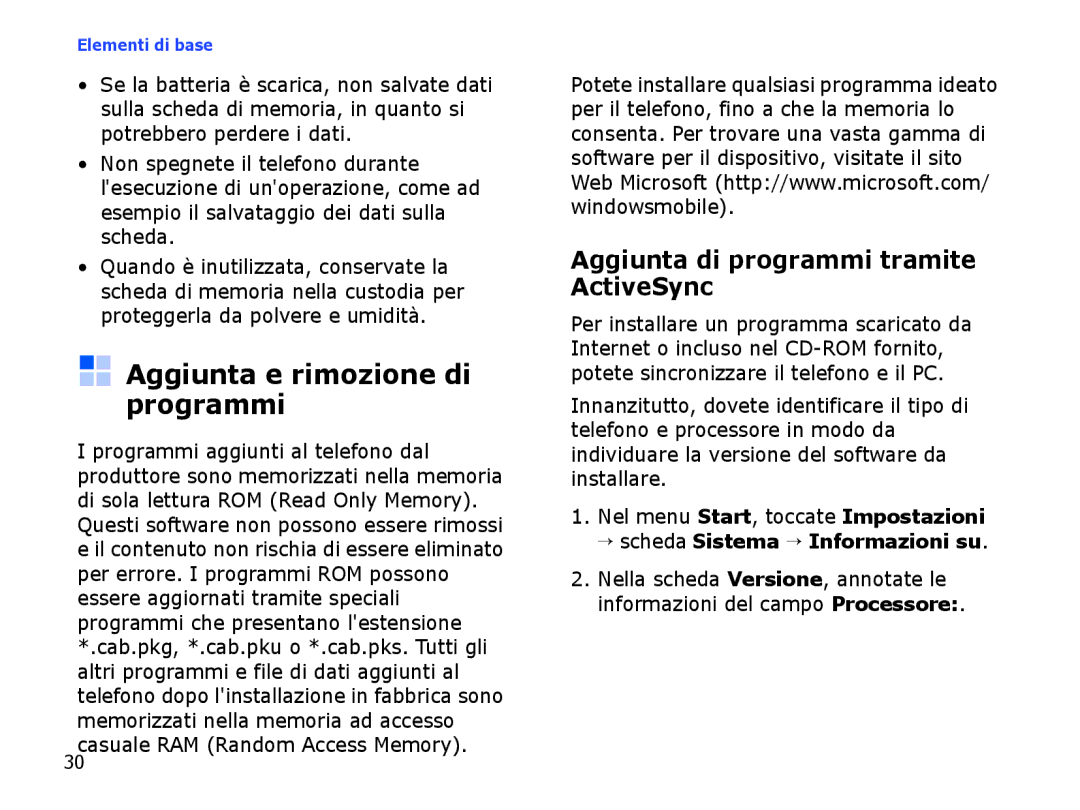 Samsung SGH-I710ZSATIM, SGH-I710ZSAITV manual Aggiunta e rimozione di programmi, Aggiunta di programmi tramite ActiveSync 